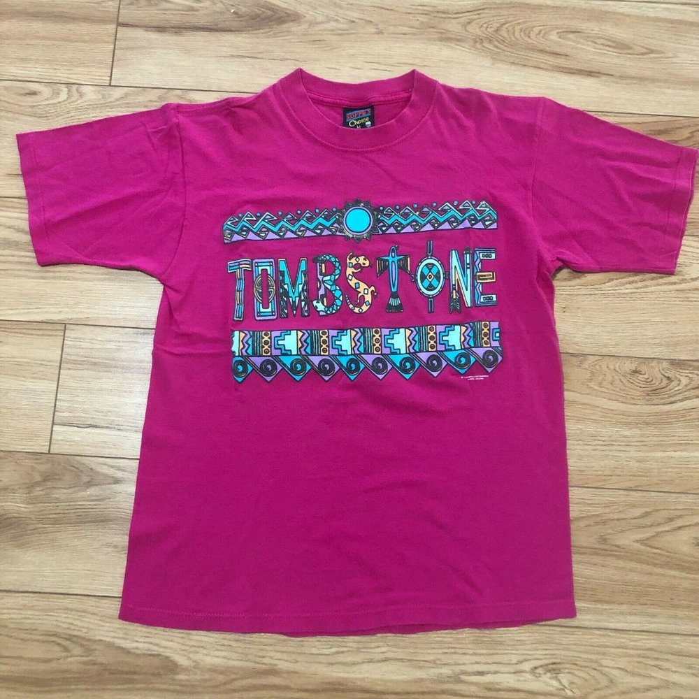 Vtg Tombstone Arizona TShirt Women's Size MEDIUM Pink Short Sleeve Aztec Tourist